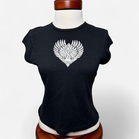 Y2K Punk Baby Tee - Size S - Armani Exchange - Black Heart Logo Cap Sleeve Top - Picture 1 of 8